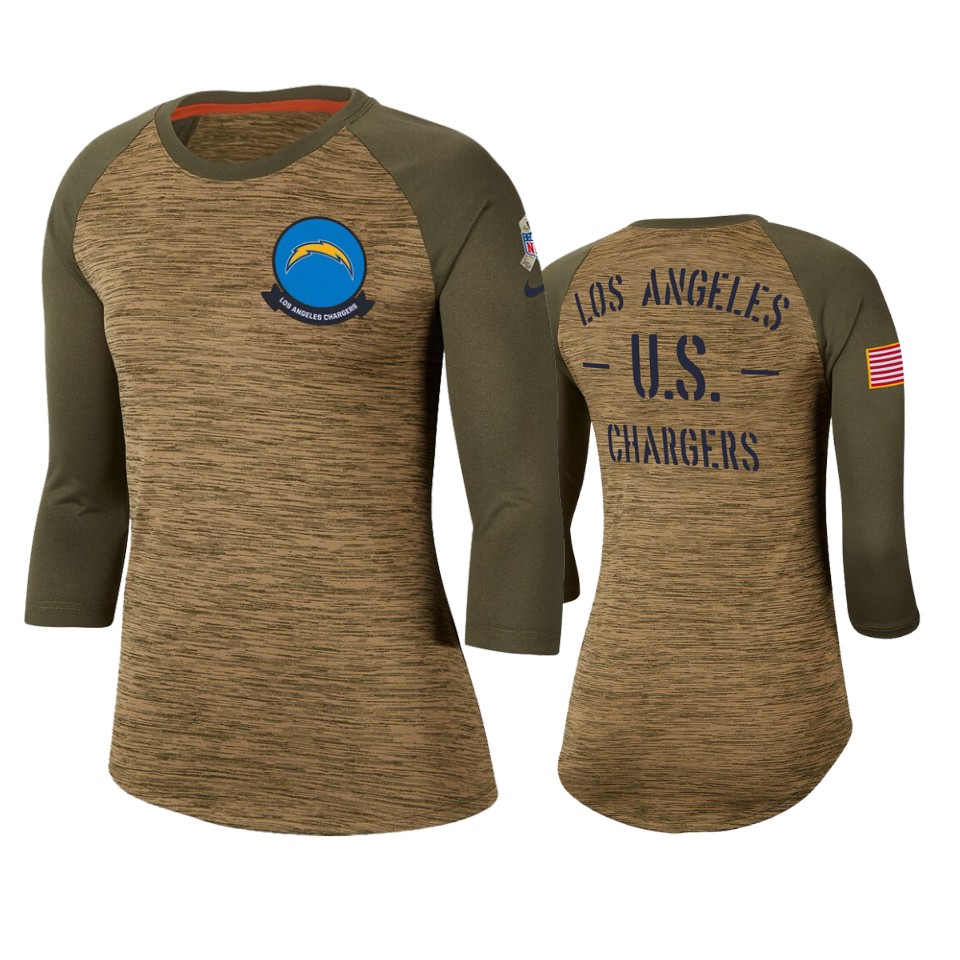 Women's Los Angeles Chargers Khaki 2019 Salute to Service Legend Scoopneck Raglan 3/4 Sleeve T-Shirt(Run Small)